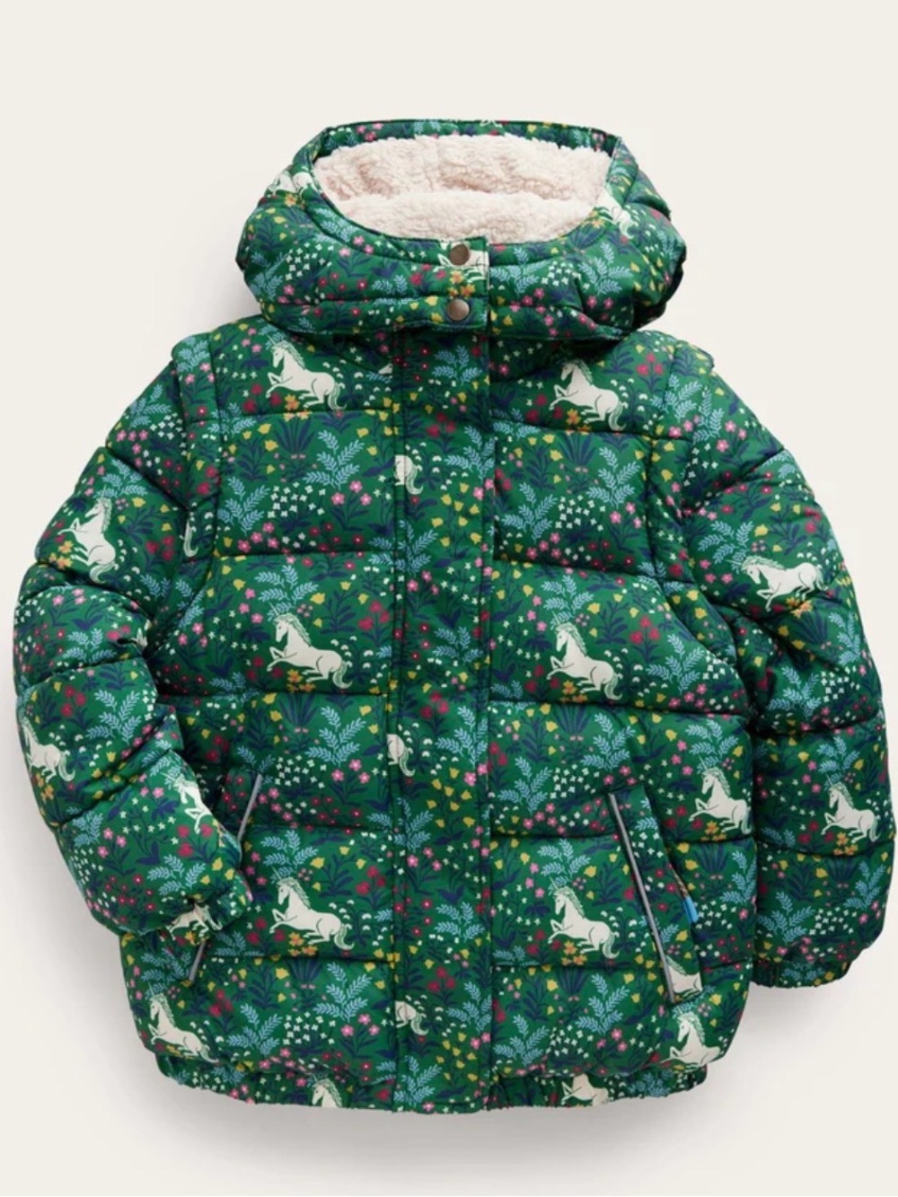 Mini Boden | Puffer Coast | Fleece Lined | Hood | Floral and Unicorn Print | 6-7